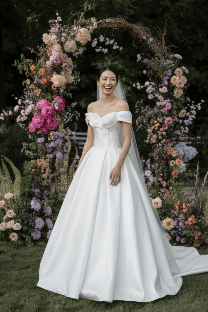 ชุดแต่งงาน Ball gown พรางหน้าท้องและสะโพกได้ดี
ชุดแต่งงานมี corset ช่วยเก็บหน้าท้องให้เรียบ